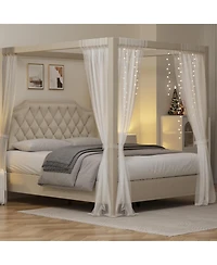 gaomon Queen Upholstered Canopy Bed, Tufted Headboard, Nailhead Trim, Sturdy Platform Frame, No Box Spring, Beige