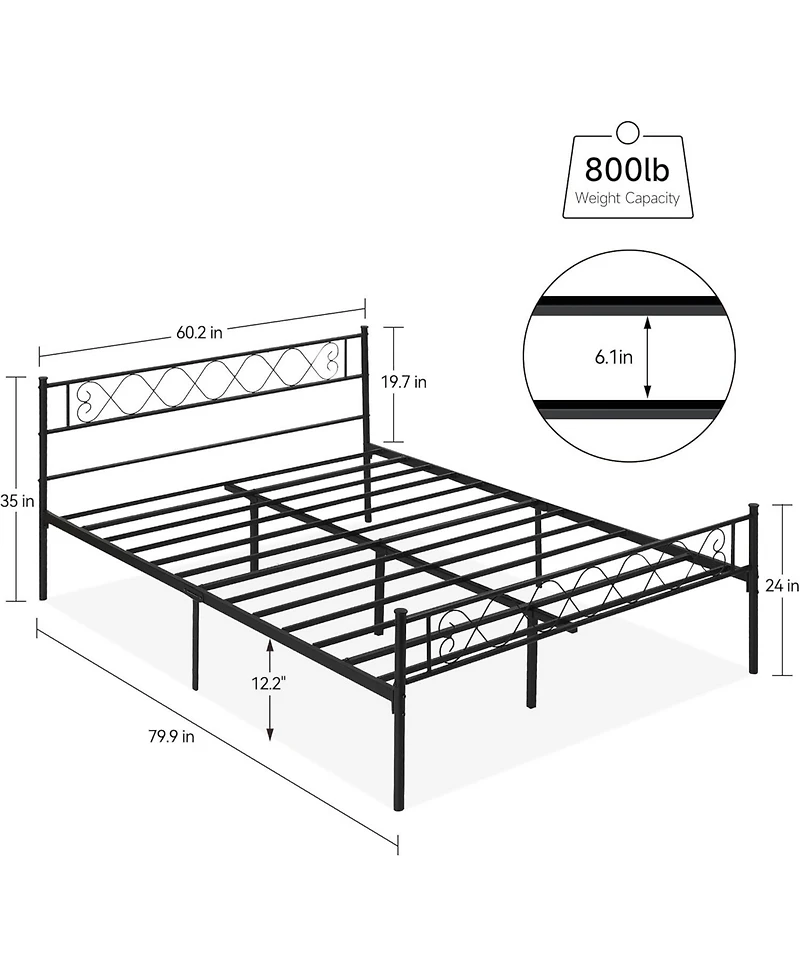 Queen Metal Platform Bed with Heart Design Headboard & Footboard, Strong Frame, No Box Spring, Black