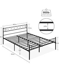 Queen Metal Platform Bed with Heart Design Headboard & Footboard, Strong Frame, No Box Spring, Black