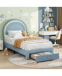 gaomon Twin Led Bed Frame with Storage Drawer, Rainbow Headboard, Fleece Princess Platform for Kids, Wood Slats