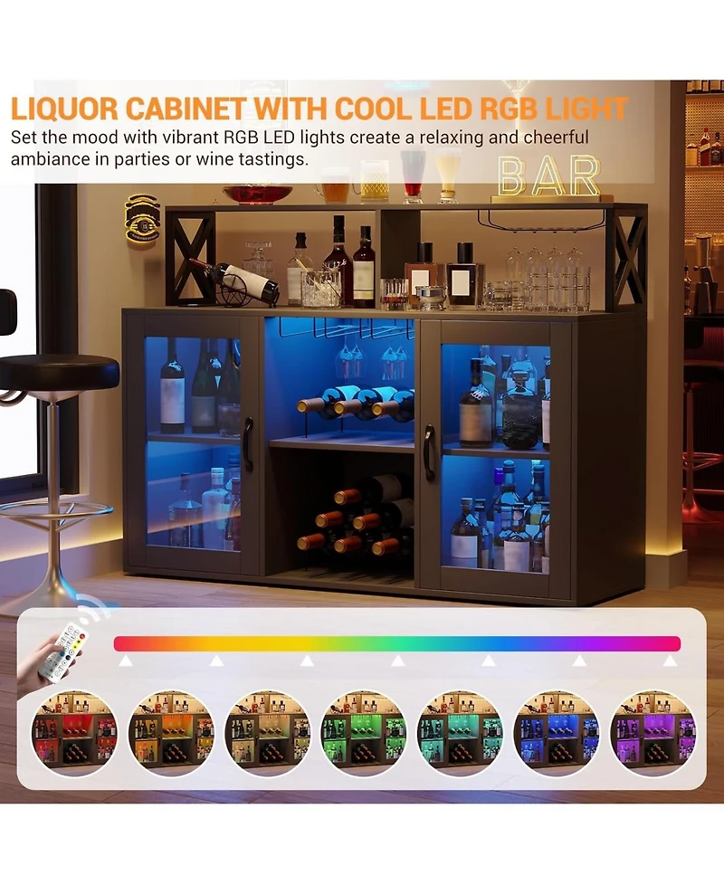 Gaomon Wine Bar Cabinet with Led Lights & Power Outlets, Farmhouse Liquor Rack Glass Holder