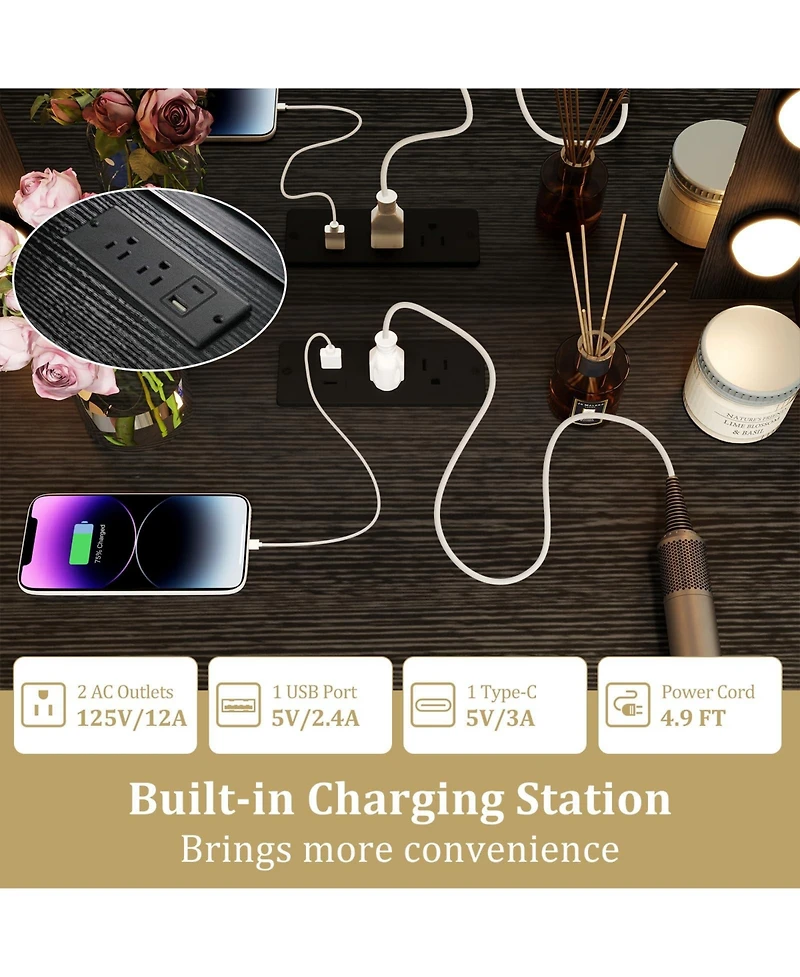 Volenca Compact Vanity Desk Set with 3-Color Lighted Mirror and Power Outlets, Makeup Table