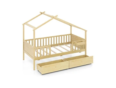 Slickblue Twin House Bed with 2 Storage Drawers and Roof & Fence Rails-White
