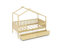 Slickblue Twin House Bed with 2 Storage Drawers and Roof & Fence Rails-White
