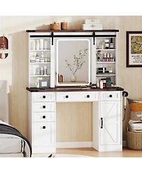 Volenca Farmhouse Vanity Desk with Barn-Style Sliding Mirror and 3 Lighting Modes