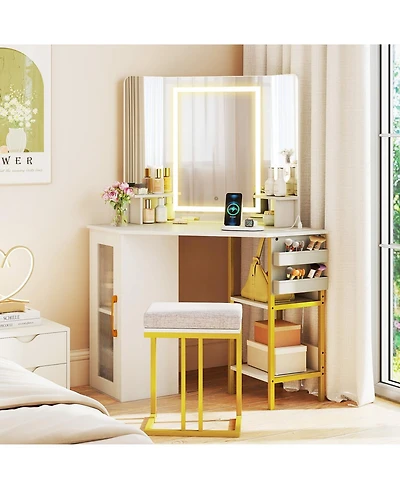 Volenca Corner Vanity Desk with Triple Mirror and Lights, Makeup Dressing Table