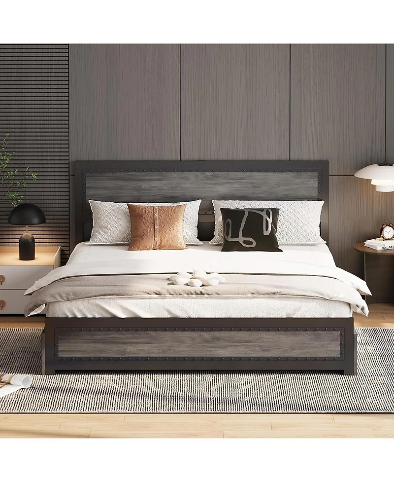 gaomon King Bed Frame with Headboard, Industrial Platform, 4 Storage Drawers, Charging Station, Metal Slats, Washed Gray
