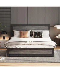 gaomon King Bed Frame with Headboard, Industrial Platform, 4 Storage Drawers, Charging Station, Metal Slats, Washed Gray
