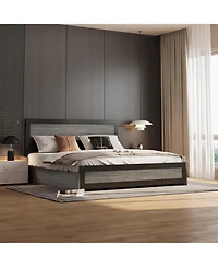 gaomon King Bed Frame with Headboard, Industrial Platform, 4 Storage Drawers, Charging Station, Metal Slats, Washed Gray