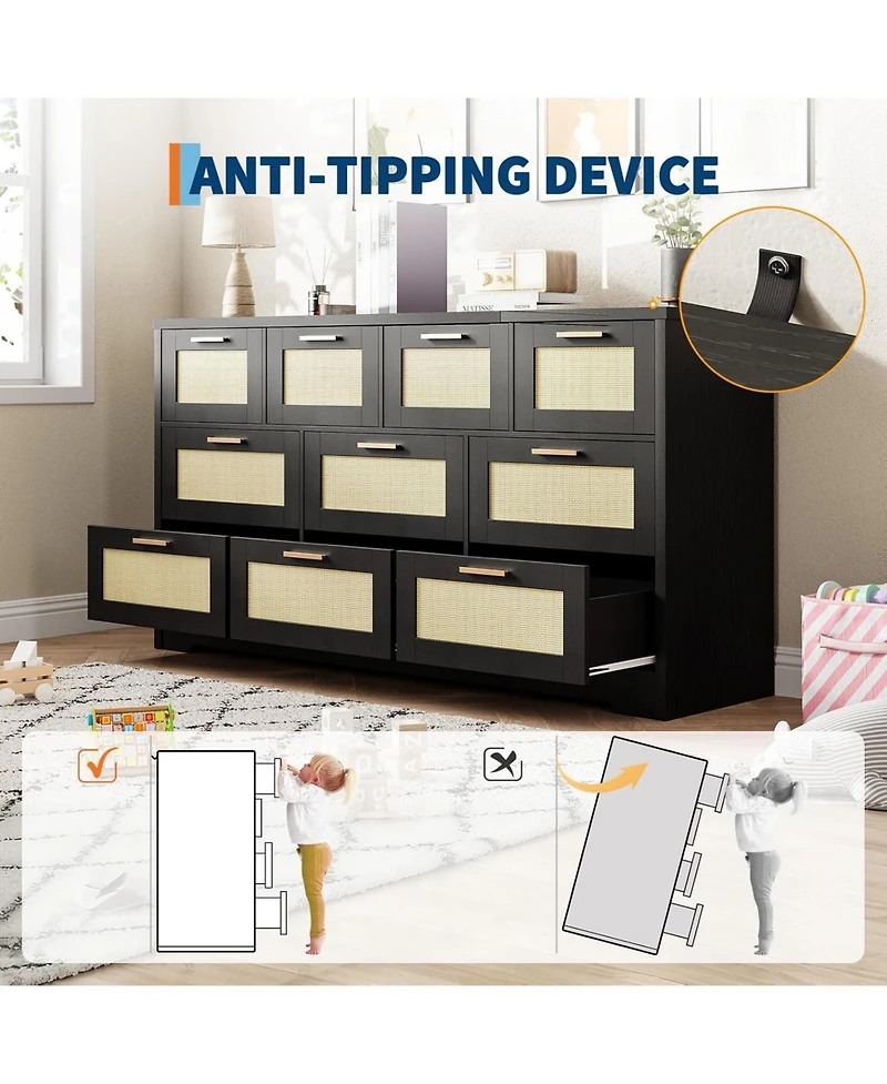 gaomon 10 Drawers Dresser for Bedroom, Rattan Chest of with Spacious Tabletop & Handles, Closet Organizer Tv Stand Living Room,