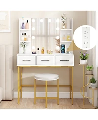 Volenca Vanity Desk and Cushioned Stool Set with Lighted Mirror and Lights, Makeup Table