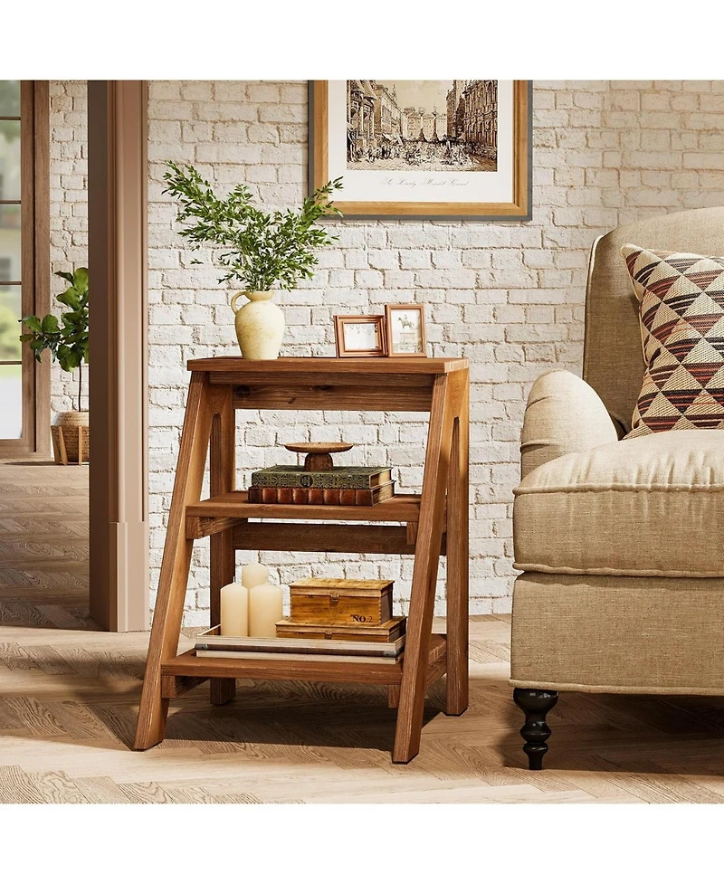 Tribesigns Solid Wood End Table Set of 2, 3-Tier Farmhouse Side Table with Open Storage Shelves, Rustic Nightstand for Living Room
