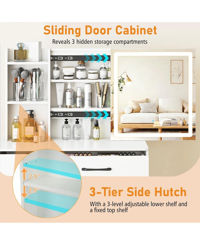 Volenca Vanity Desk and Chair Set with Sliding Lighted Mirror and 4 Drawers, Makeup Table