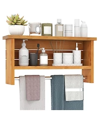 Volenca Wall-Mount 2-Tier Solid Teak Wood Bathroom Shelf with Towel Bar