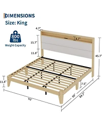 gaomon King White Boucle Upholstered Bed Frame with Led Lighting & Usb Ports, 2-Tier Storage, Easy Assembly