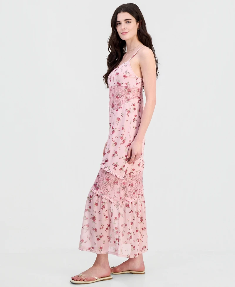 Hippie Rose Juniors' Floral Mesh Lace-Inset Dress