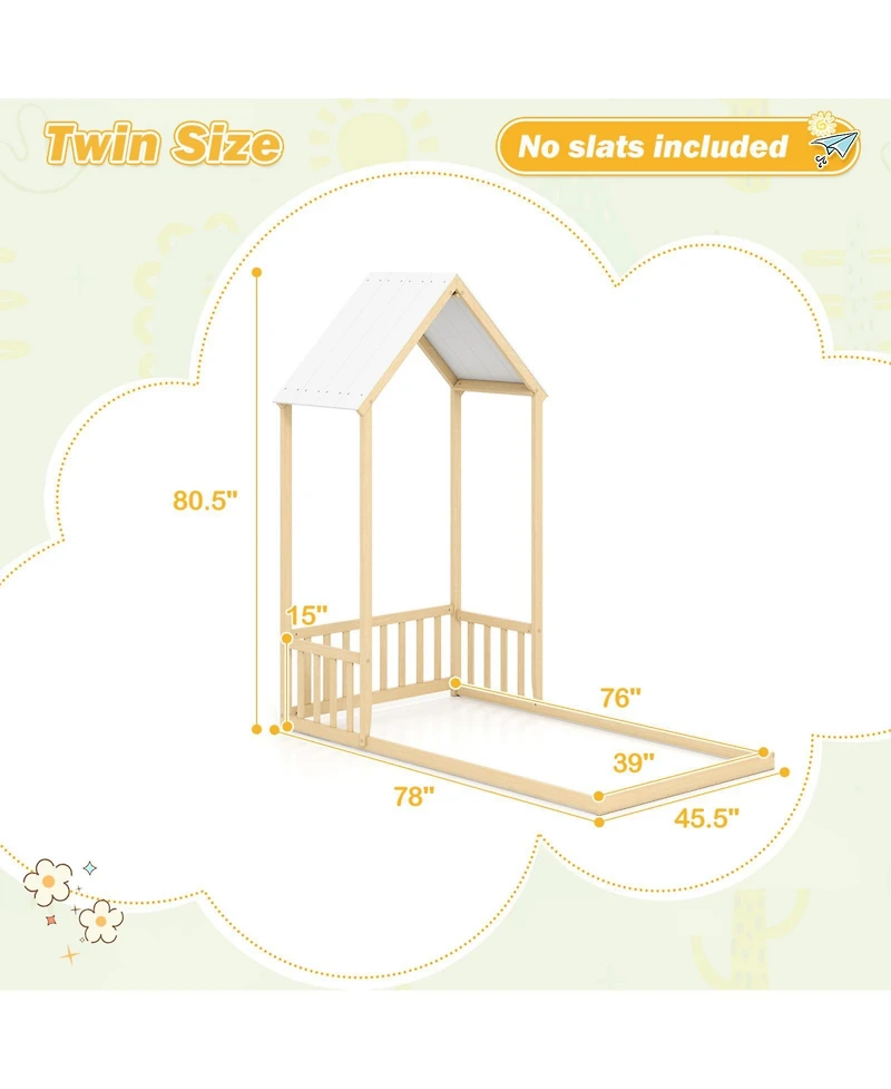 Slickblue Twin House-Shaped Bed with Roof and Semi Fence for Kids