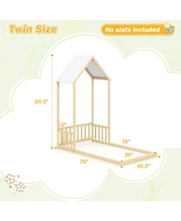 Slickblue Twin House-Shaped Bed with Roof and Semi Fence for Kids