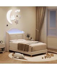 gaomon, Twin Bed Frame for Kids, Velvet Princess Platform, Wingback, Bookcase Headboard, Led Lights, Beige