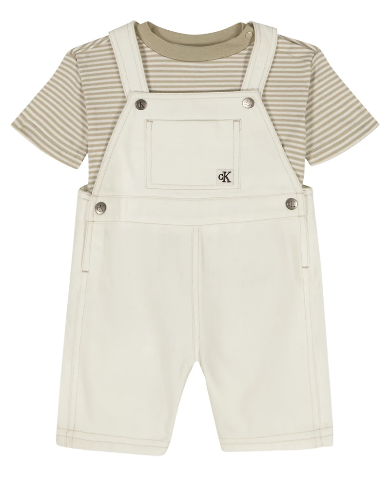 Calvin Klein Baby Boys' Striped Top and Natural Denim Shortalls, 2-Piece Set