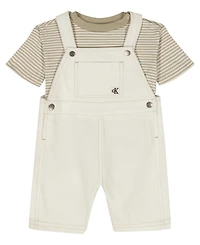 Calvin Klein Baby Boys' Striped Top and Natural Denim Shortalls, 2-Piece Set