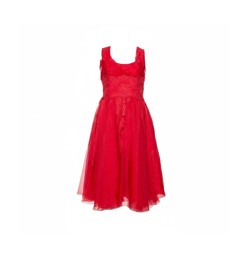 Pre-Owned Dolce & Gabbana Women's Red Silk Organza Lace Trim Flared Dress