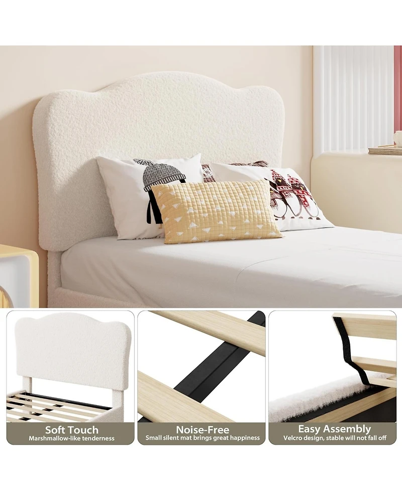 gaomon Twin Kids Velvet Bed Frame with Scallop Headboard, Upholstered Platform, Wood Slats, White