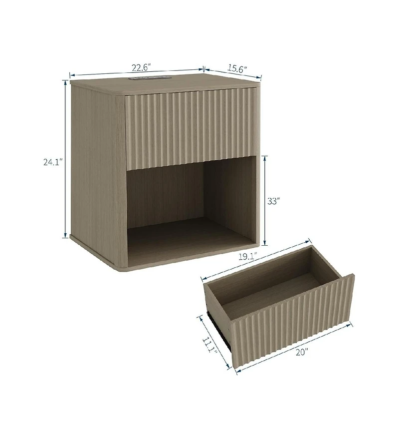 Gaomon Set of 2 Grey Oak Fluted Nightstands with Led & Charging