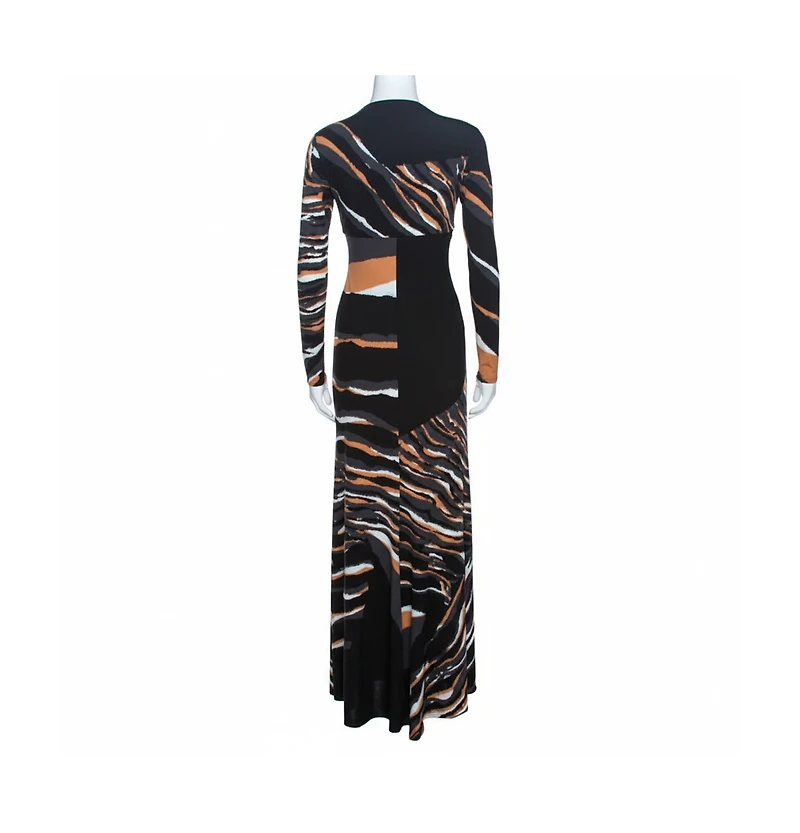 Pre-Owned Roberto Cavalli Women's Multicolor Stretch Jersey Draped V Neck Maxi Dress