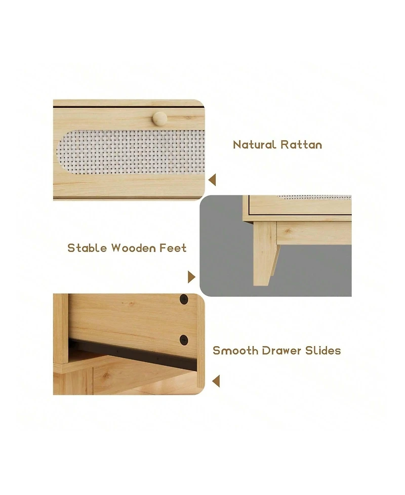gaomon Modern Large Rattan Drawer Nightstand, Spacious Bedside Table Storage Organizer for Bedroom