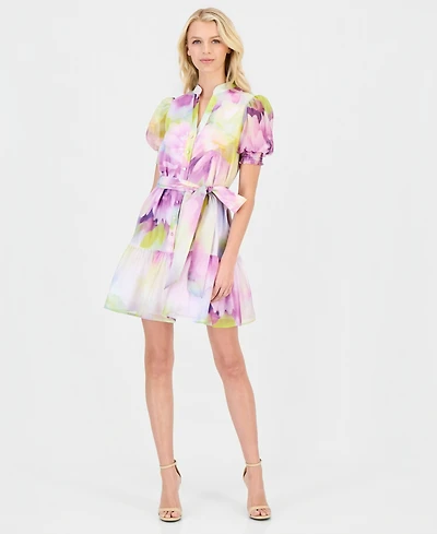 Anne Klein Women's Puff-Sleeve Floral-Print Shirtdress