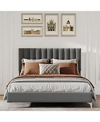 gaomon Queen Velvet Adjustable Platform Bed with Headboard, Strong Wood Slats, Noise-Free, No Box Spring, Dark Grey