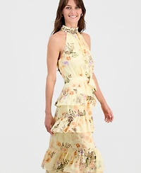 Anne Klein Women's Floral Print Halter Neck Sleeveless Maxi Dress