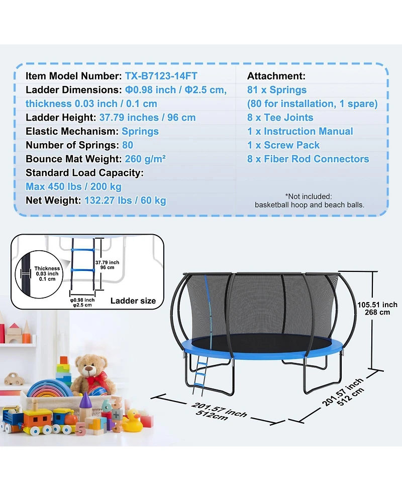 Sugift 14FT Heavy Duty Trampoline with Net Ladder and Curved Poles