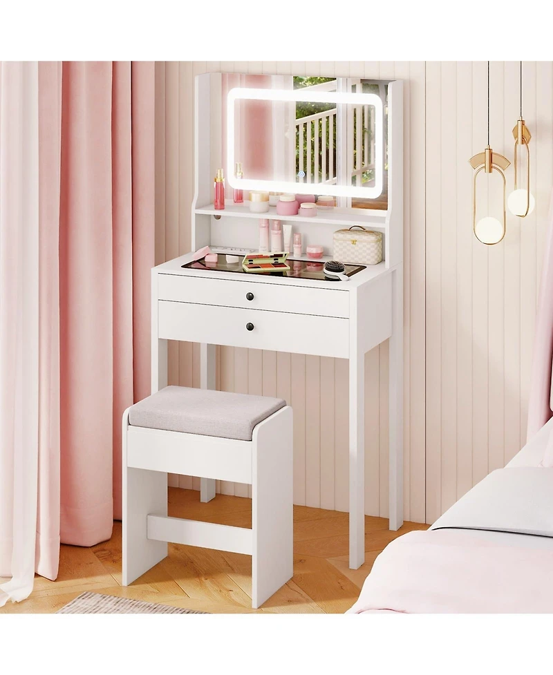 Volenca Small Vanity Desk with Lighted Mirror and Lights for Bedroom, Makeup Table