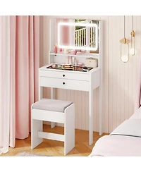 Volenca Small Vanity Desk with Lighted Mirror and Lights for Bedroom, Makeup Table