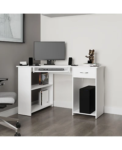 Fm Furniture Ekko Corner Computer Desk, L-Shaped Home Office Desk with Drawer, Shelves, and Cpu Space