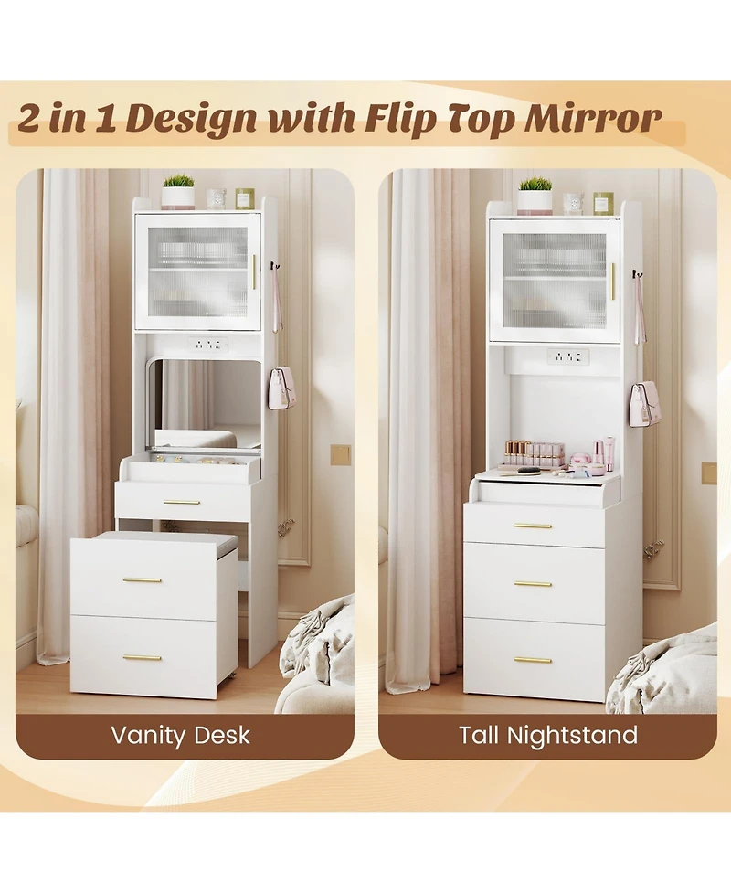Volenca Makeup Vanity with Power Outlets and Flip-Top Mirror, Storage Stool Included