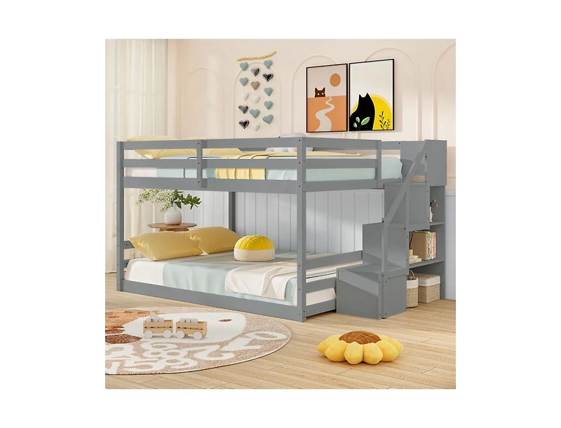 Slickblue Low Full Bunk Bed with Solid Wood and Storage Steps