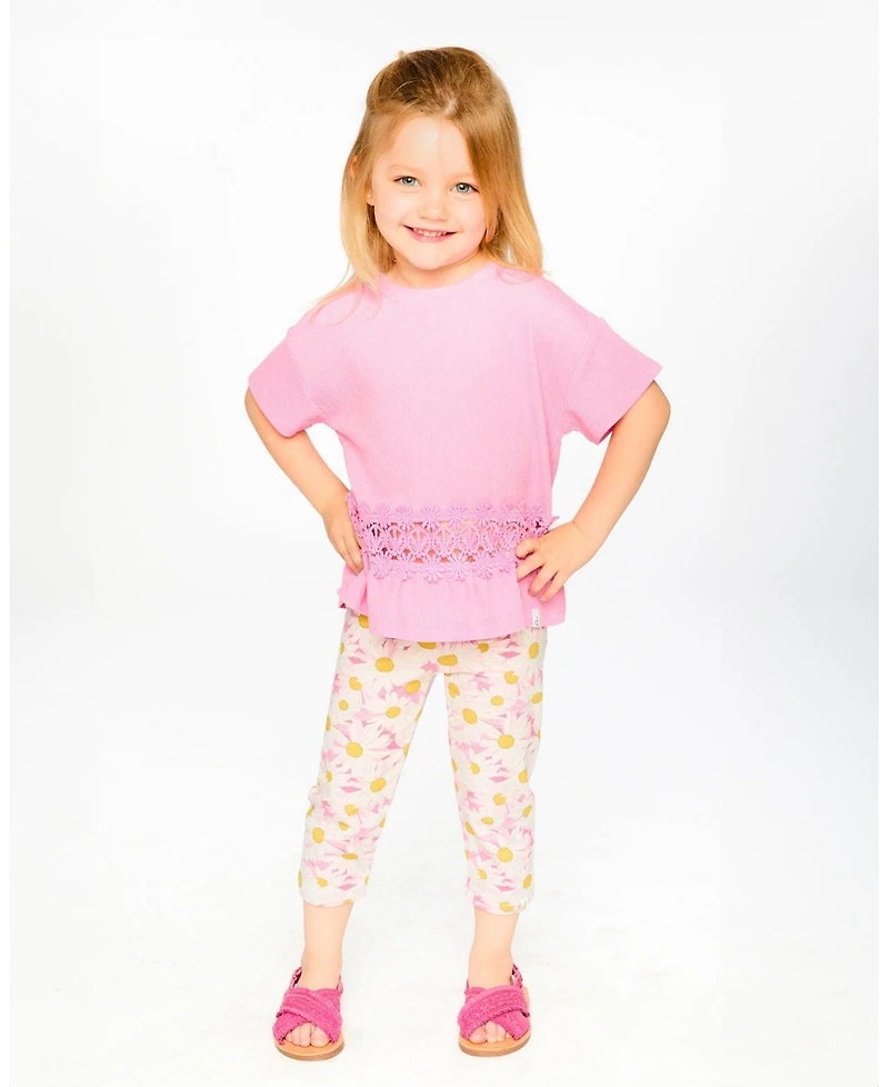 Deux par Deux Big Girls Crinkle Jersey Long T-Shirt with Crochet Insert Pink