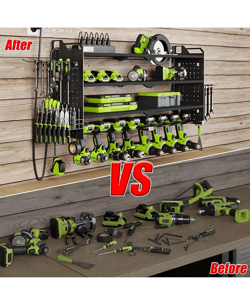 Hausource 32" Wall Mount Tool Organizer 4 Layers Garage Storage Racks with 8 Drill Holders, Power Adapter for Home Organization