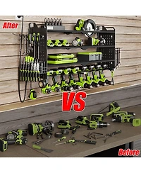 Hausource 32" Wall Mount Tool Organizer 4 Layers Garage Storage Racks with 8 Drill Holders, Power Adapter for Home Organization