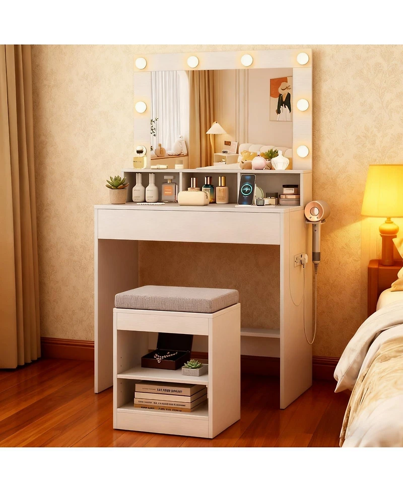 Volenca 31.5" Vanity Desk with Lighted Mirror, 3 Lighting Modes, and Storage Shelves