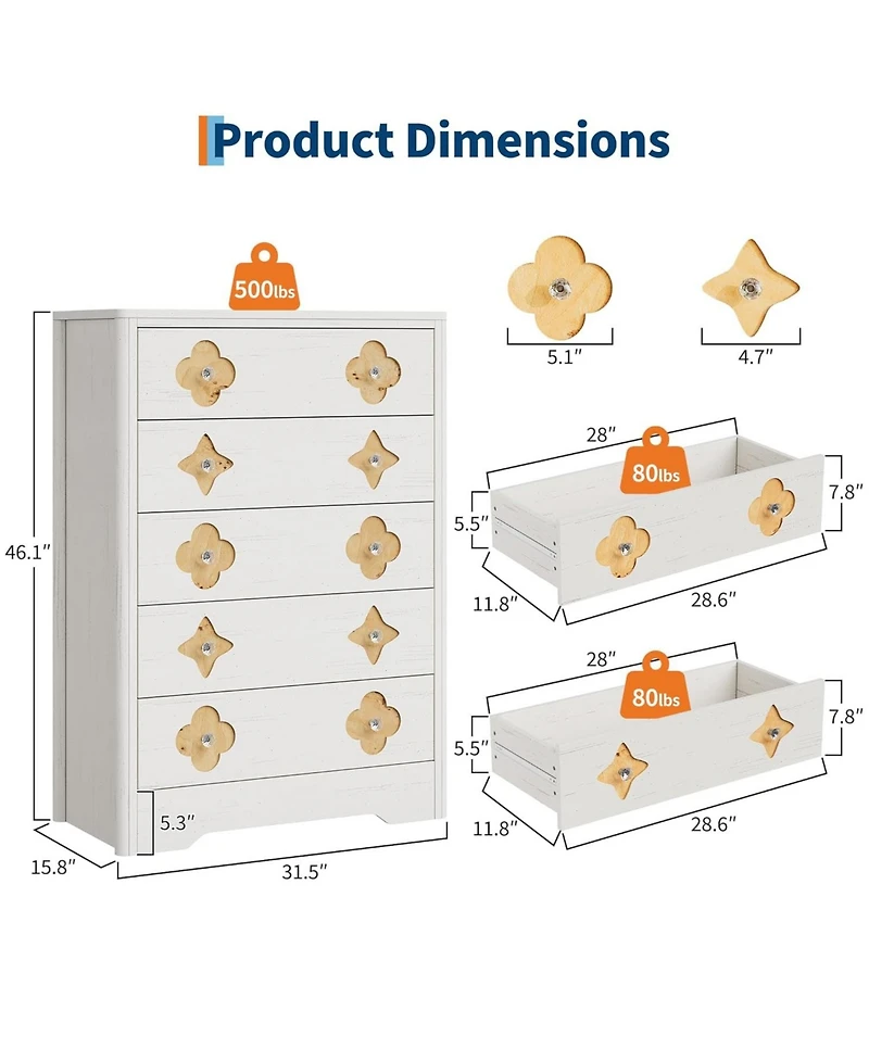gaomon Fluted 5-Drawer Tall Dresser for Bedroom, 42.9" Wooden Chest of Drawers with Storage