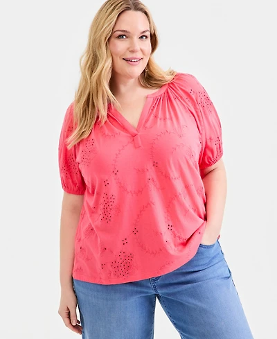 Style & Co Plus Short-Sleeve Eyelet Top, Macy's Exclusive