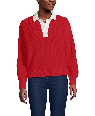 Lands' End Women's Drifter Rugby with Woven Collar Sweater