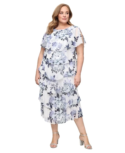 Sl Fashions Plus Printed Crew Neck Tea Length Dress