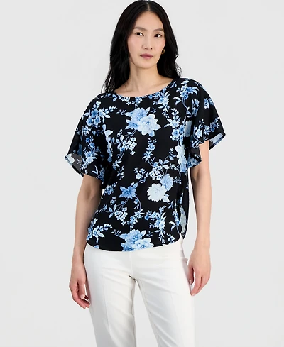 Anne Klein Petite Flutter-Sleeve Bateau Neck Blouse
