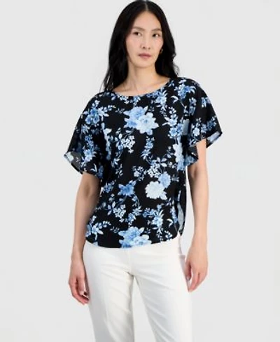 Anne Klein Womens Boat Neck Flutter Sleeve Blouse