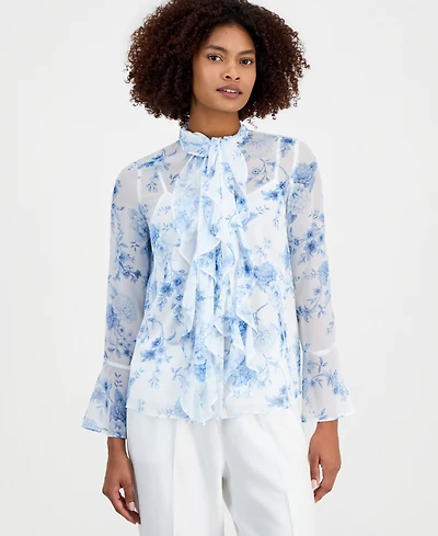 Anne Klein Women's Printed Ruffled Long-Sleeve Blouse